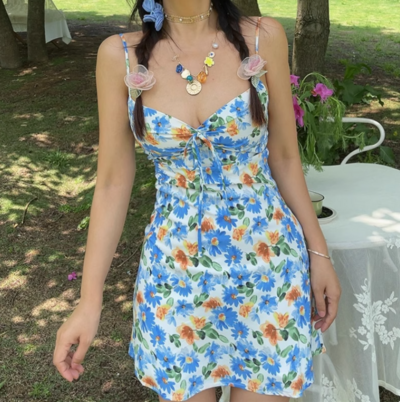 Daisy print tie bow sexy V-neck suspender long dress