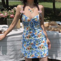 Daisy print tie bow sexy V-neck suspender long dress - Thumbnail 4