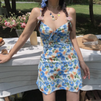 Daisy print tie bow sexy V-neck suspender long dress - Thumbnail 5