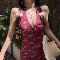 Fashion casual strappy halter neck sexy backless deep V mini dress - Thumbnail 4