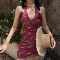 Fashion casual strappy halter neck sexy backless deep V mini dress - Thumbnail 2