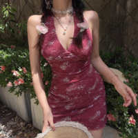 Fashion casual strappy halter neck sexy backless deep V mini dress - Thumbnail 1