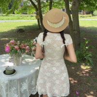 Retro style lace V-neck waist A-line short skirt dress - Thumbnail 3