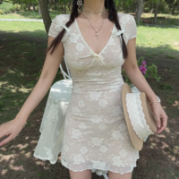 Retro style lace V-neck waist A-line short skirt dress - Thumbnail 4