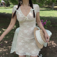 Retro style lace V-neck waist A-line short skirt dress - Thumbnail 2