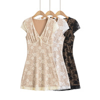 Retro style lace V-neck waist A-line short skirt dress - Thumbnail 1