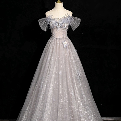 Gray tulle sequins long a-line prom party dress - Thumbnail 1