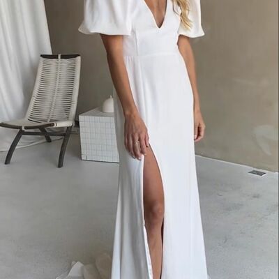 Simple sheath short sleeve side slit beach bohemia wedding dress bridal gowns wedding gown
