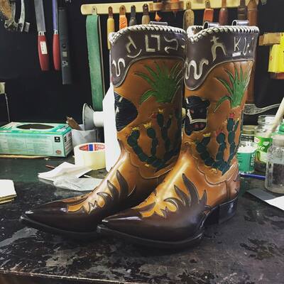 Handmade men brown leather fancy designer cowboy pointed toe boot 