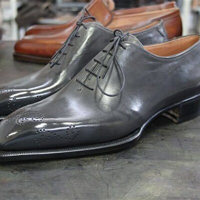 Handmade men gray patina leather dress shoes - Thumbnail 2