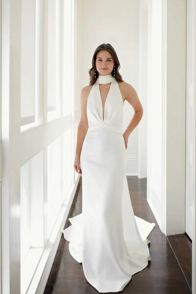 Simple Mermaid Satin High Neck Beach Bohomia Wedding Dress Bridal Gown Wedding Gown