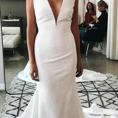Simple mermaid satin v neck wedding dress bridal gown wedding gown