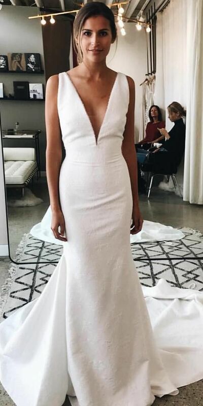 Simple Mermaid Satin V Neck Wedding Dress Bridal Gown Wedding Gown