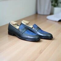 Handmade Men's Blue Black Alligator Texture & Leather Loafer Shoes - Thumbnail 1