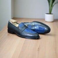 Handmade Men's Blue Black Alligator Texture & Leather Loafer Shoes - Thumbnail 2