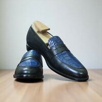 Handmade Men's Blue Black Alligator Texture & Leather Loafer Shoes - Thumbnail 3