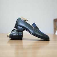 Handmade Men's Blue Black Alligator Texture & Leather Loafer Shoes - Thumbnail 4