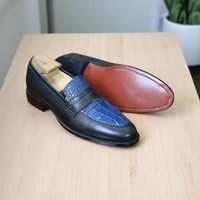Handmade Men's Blue Black Alligator Texture & Leather Loafer Shoes - Thumbnail 6