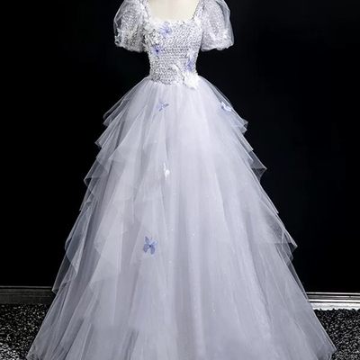 Gray tulle sequins long a-line prom party dress - Thumbnail 1