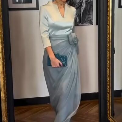 Elegant blue 3/4 long sleeve satin mother of the bride/groom dress evening formal dress
