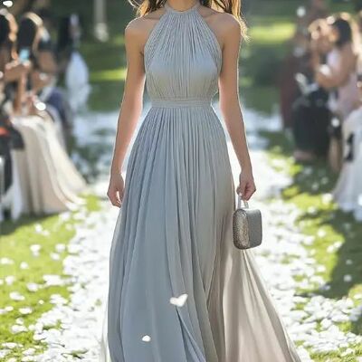 Grey a line crew neck pleat mother of the bride/groom dress evening formal dress