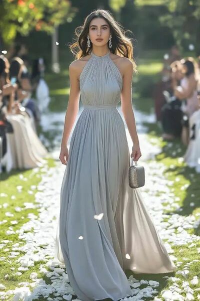 Grey A Line Crew Neck Pleat Mother of the Bride/Groom Dress Evening Formal Dress