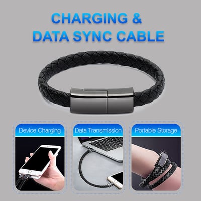 Bracelet USB Charging Cable – Woven Leather Charger & Data Cable for iPhone, Type-C, Micro USB – Wearable 20cm/22.5cm Emergency Charging Cord