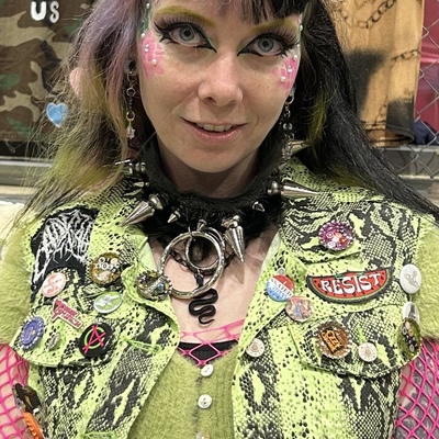 Black faux leather spiked choker with faux fur