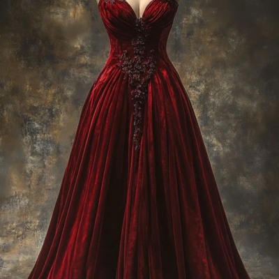 Vintage a line burgundy velvet prom dresses with beading