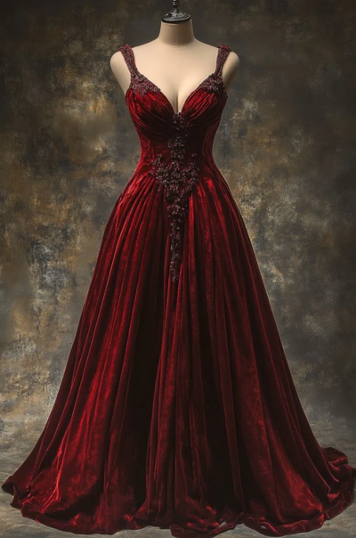 Vintage A Line Burgundy Velvet Prom Dresses With Beading