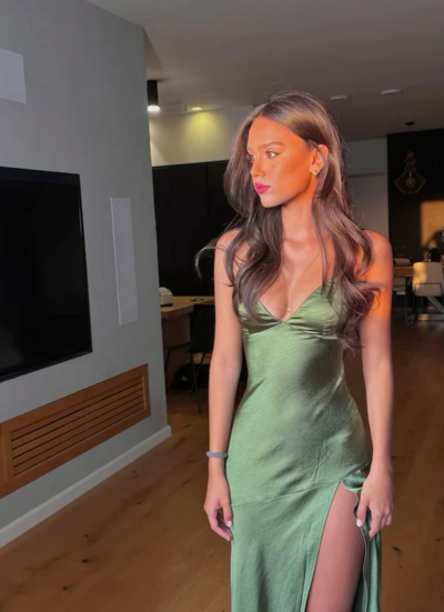 Spaghetti Straps Green Long Evening Dresses With Split