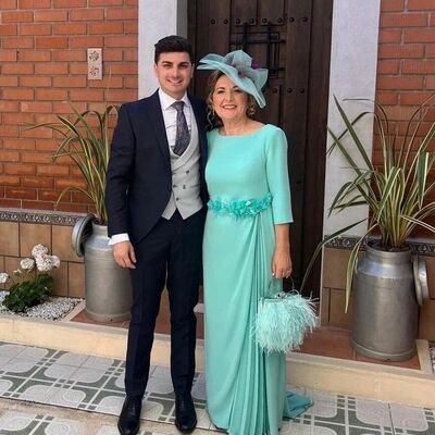 Blue sheath 2/3 long sleeve satin mother of the bride/groom dress evening formal dress