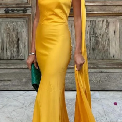 Off shoulder yellow satin backless long prom dresses - Thumbnail 1