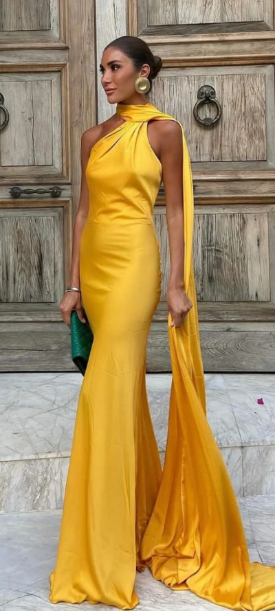 Off Shoulder Yellow Satin Backless Long Prom Dresses