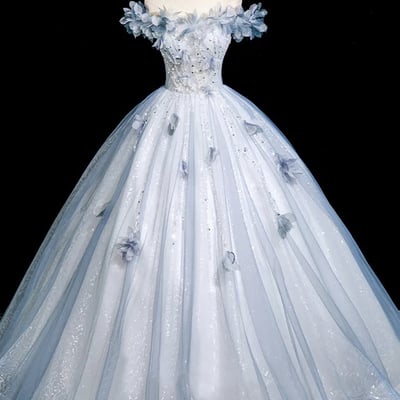 Blue tulle sequins long a-line prom party dress - Thumbnail 1