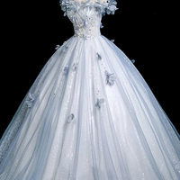 Blue Tulle Sequins Long A-Line Prom Party Dress - Thumbnail 2