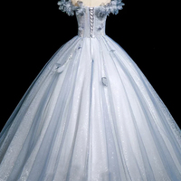 Blue Tulle Sequins Long A-Line Prom Party Dress - Thumbnail 4