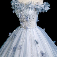 Blue Tulle Sequins Long A-Line Prom Party Dress - Thumbnail 1