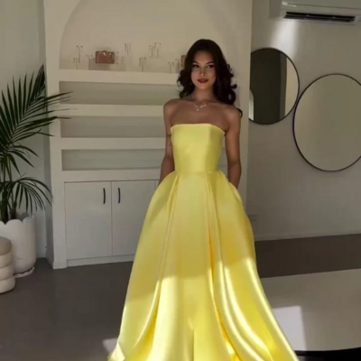 Elegant strapless a line yellow satin prom dress with pockets - Thumbnail 2