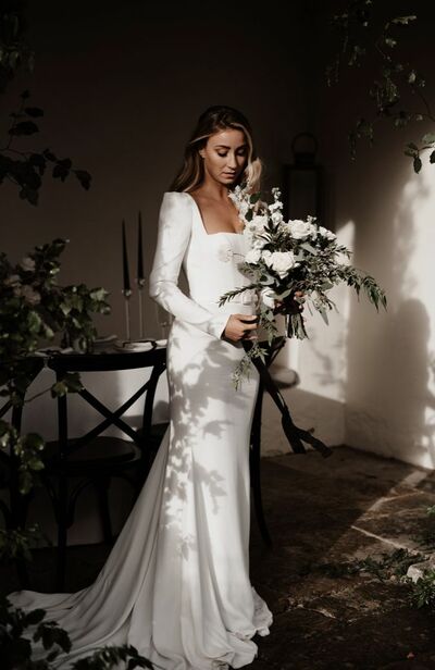 Simple Mermaid Scoop Long Sleeve Beach Bohemia Wedding Dress Bridal Gowns Wedding Gown