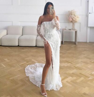 Sexy Mermaid Sequins Side Slit Wedding Dress Bridal Gown Wedding Gown