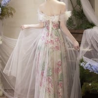 Lovely Tulle Floral Long Prom Dress, A-Line Off the Shoulder Party Dress - Thumbnail 4
