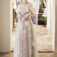 Lovely Tulle Floral Long Prom Dress, A-Line Off the Shoulder Party Dress - Thumbnail 1