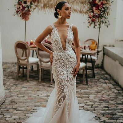 Sexy mermaid wedding gown, lace backless bridal gown wedding dress