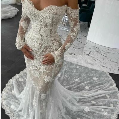 Sexy mermaid wedding gown, appliques tulle lace bridal gown wedding dress