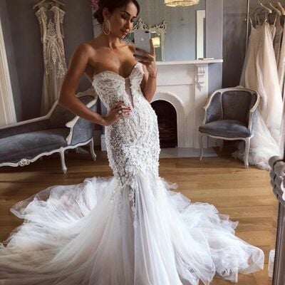 Sexy mermaid wedding gown, appliques lace bridal gown wedding dress