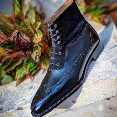 Handmade men black calf suede leather ankle high lace up boot
