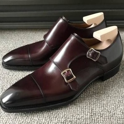 Handmade men burgundy leather double monk strap shoes - Thumbnail 3