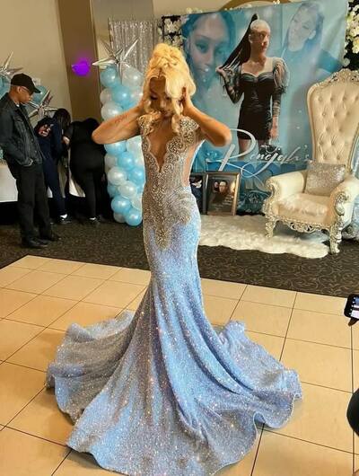 African Girls Sheath Sequins Lace Beading Crystals Prom Dress Formal Evening Dresses