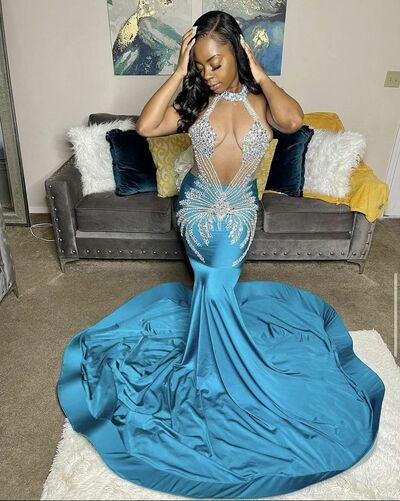 Sexy African Girls Beading Crystals Prom Dress Formal Evening Dresses